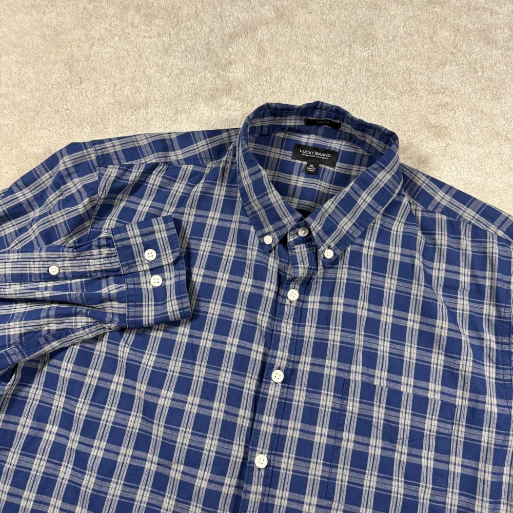 Lucky Brand Shirt Mens XL Blue White Plaid Slim Fit Long Sleeve Button Down